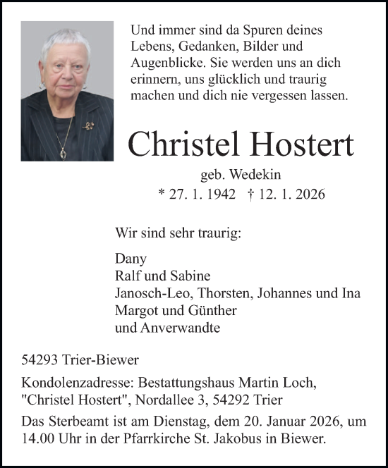 Traueranzeige von Christel Hostert von trierischer_volksfreund