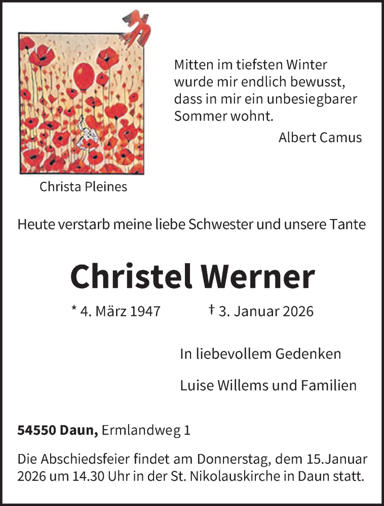  Traueranzeige für Christel Werner vom 10.01.2026 aus trierischer_volksfreund