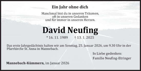 Traueranzeige von David Neufing von trierischer_volksfreund