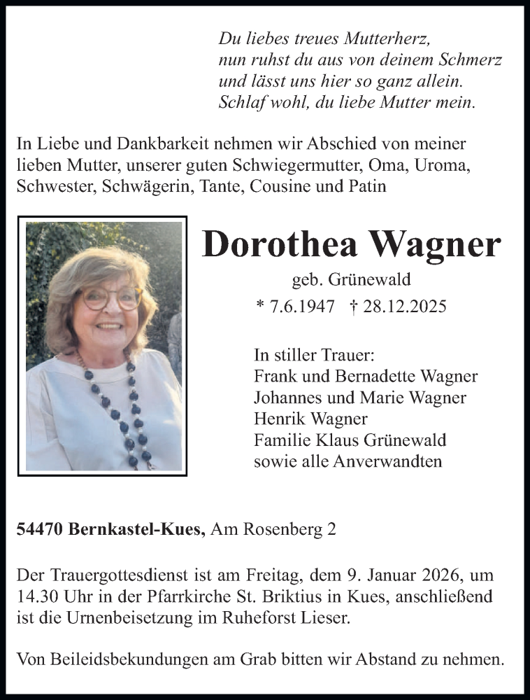  Traueranzeige für Dorothea Wagner vom 03.01.2026 aus trierischer_volksfreund