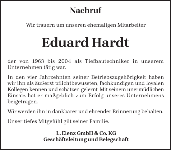 Traueranzeige von Eduard Hardt von trierischer_volksfreund