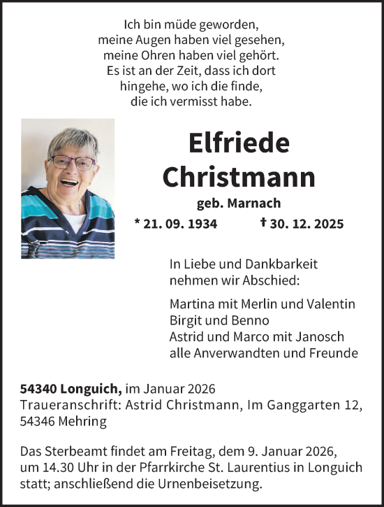 Traueranzeige von Elfriede Christmann von trierischer_volksfreund