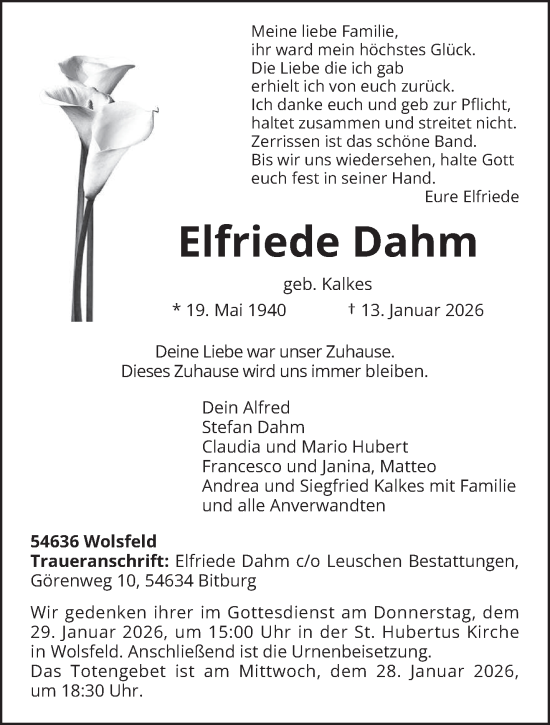 Traueranzeige von Elfriede Dahm von trierischer_volksfreund
