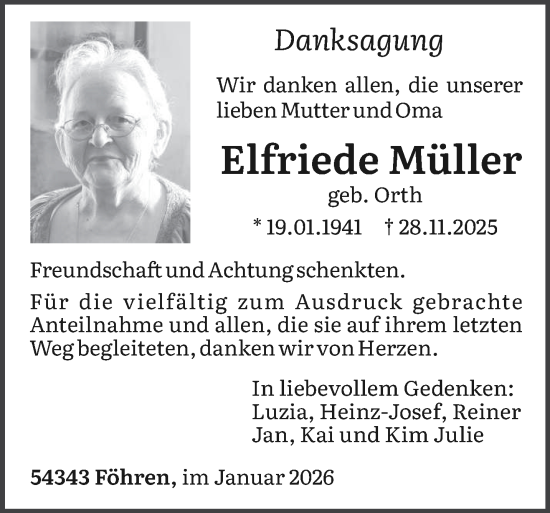 Traueranzeige von Elfriede Müller von trierischer_volksfreund