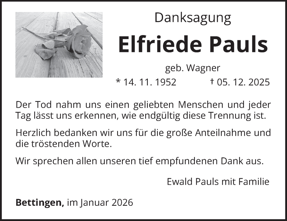  Traueranzeige für Elfriede Pauls vom 10.01.2026 aus trierischer_volksfreund