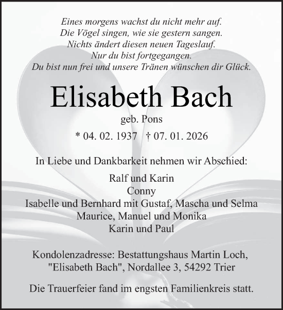 Traueranzeige von Elisabeth Bach von trierischer_volksfreund