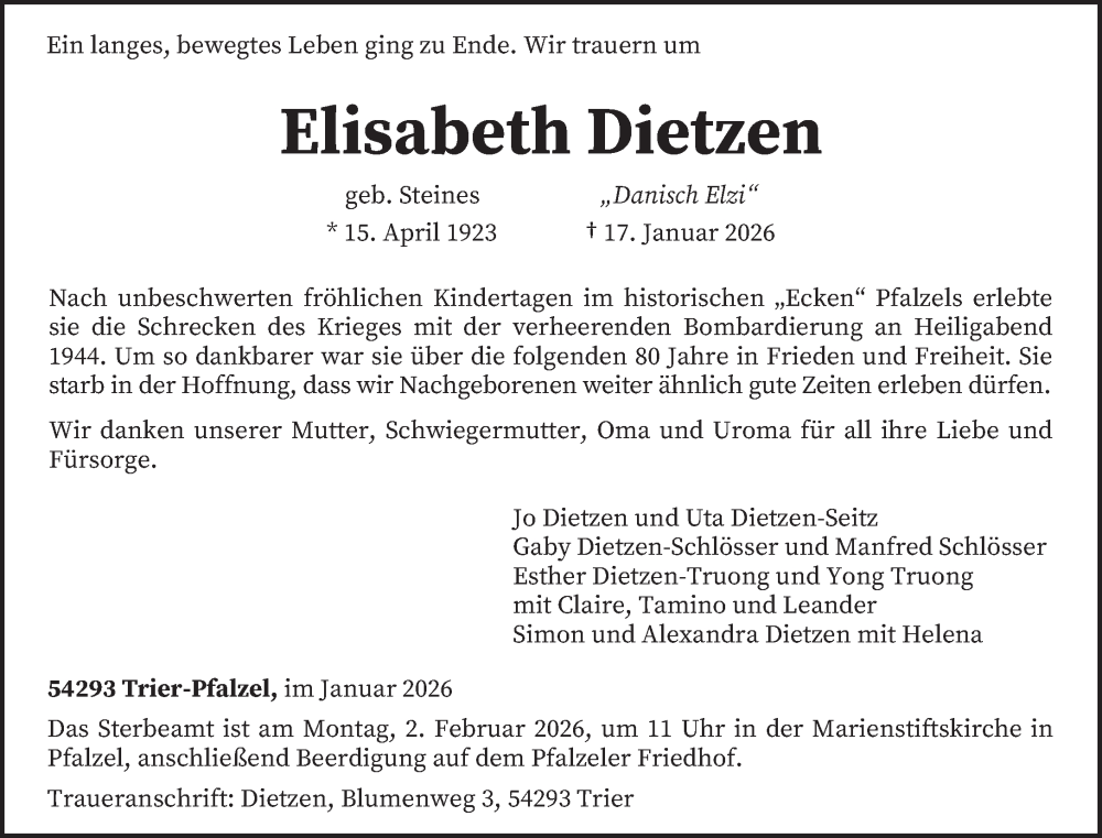  Traueranzeige für Elisabeth Dietzen vom 24.01.2026 aus trierischer_volksfreund