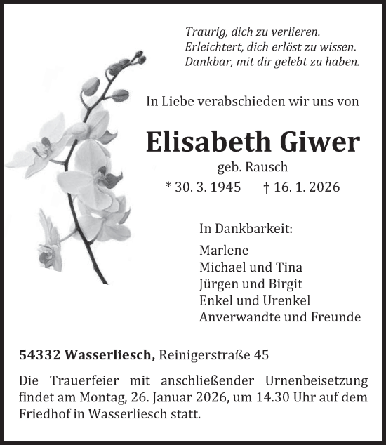 Traueranzeige von Elisabeth Giwer von trierischer_volksfreund