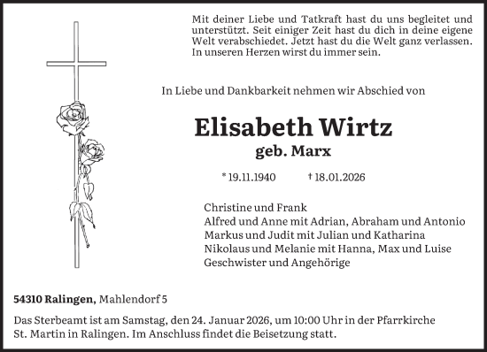 Traueranzeige von Elisabeth Wirtz von trierischer_volksfreund