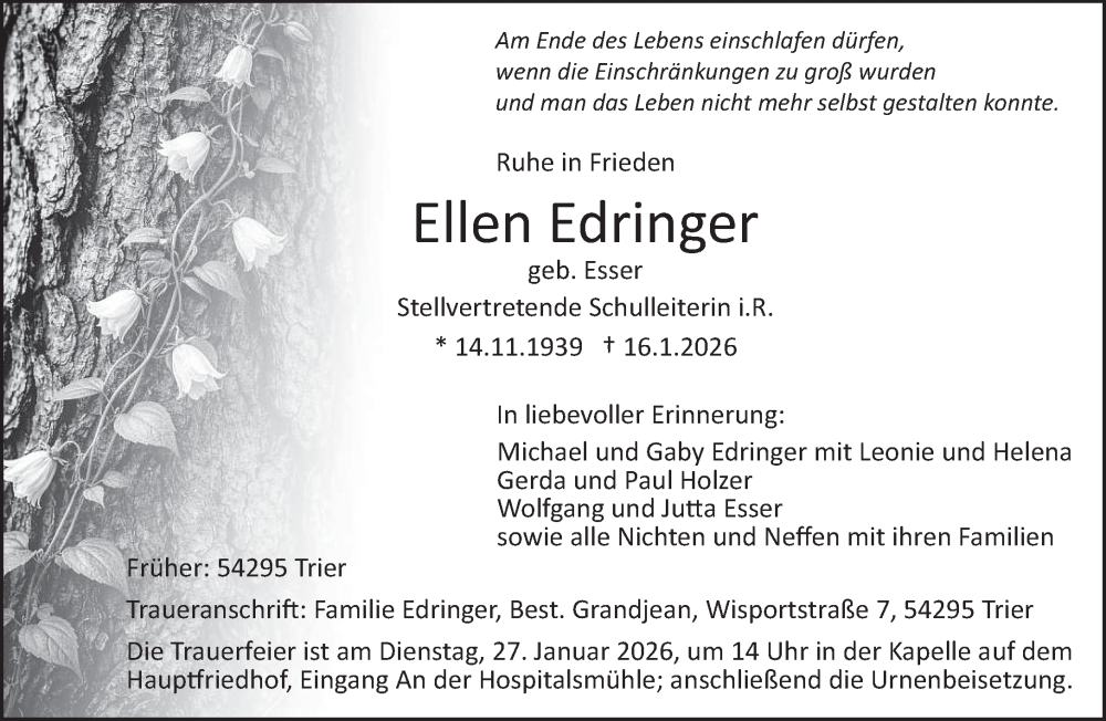  Traueranzeige für Ellen Edringer vom 23.01.2026 aus trierischer_volksfreund