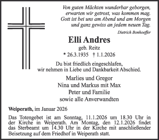 Traueranzeige von Elli Andres von trierischer_volksfreund