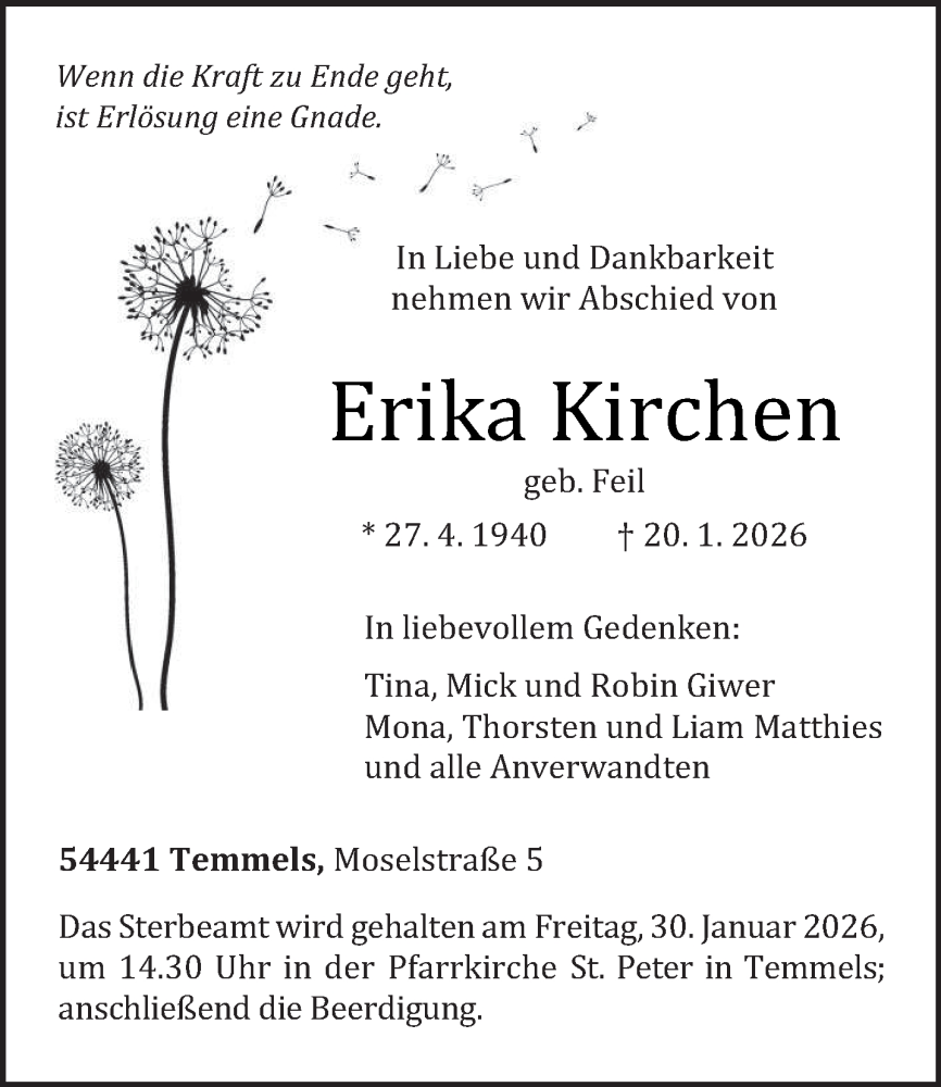  Traueranzeige für Erika Kirchen vom 23.01.2026 aus trierischer_volksfreund