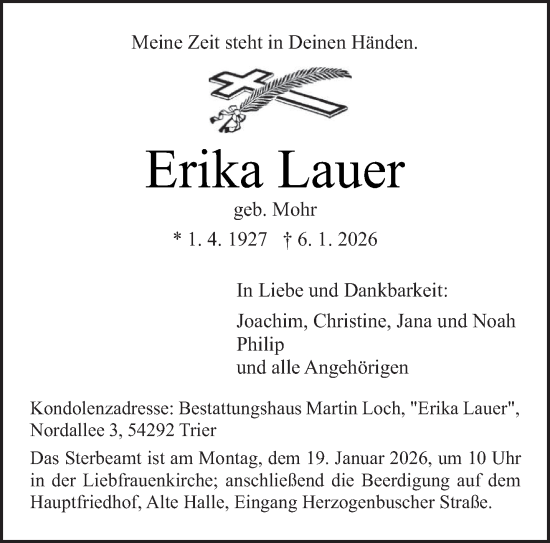 Traueranzeige von Erika Lauer von trierischer_volksfreund
