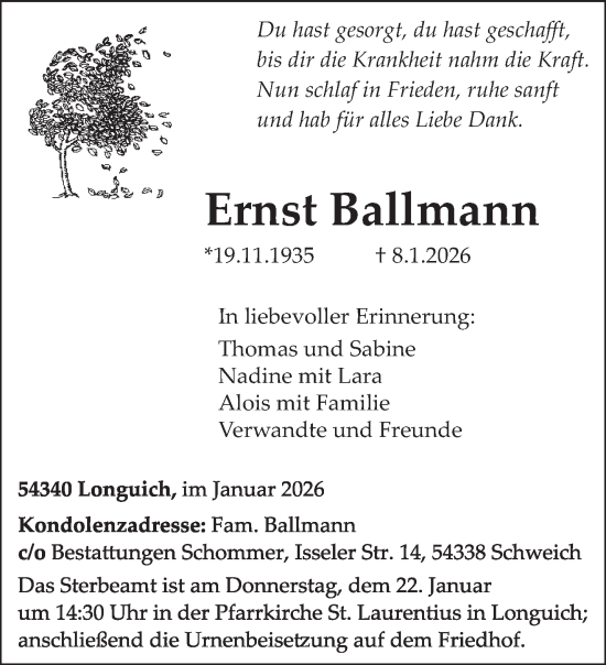 Traueranzeige von Ernst Ballmann von trierischer_volksfreund