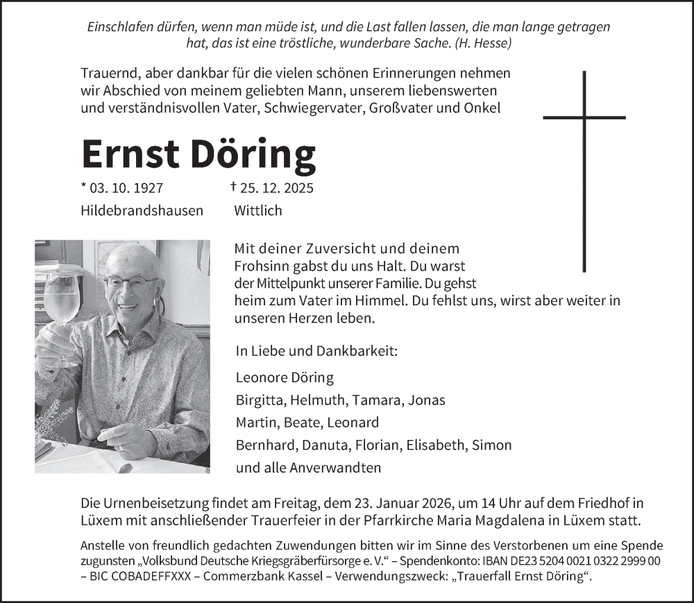  Traueranzeige für Ernst Döring vom 10.01.2026 aus trierischer_volksfreund