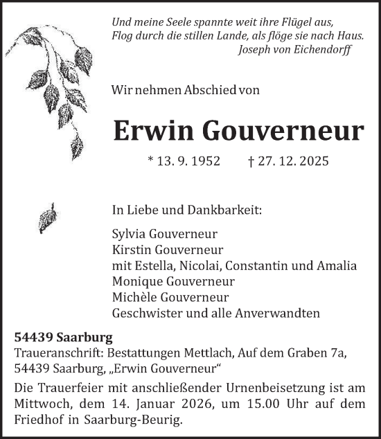 Traueranzeige von Erwin Gouverneur von trierischer_volksfreund