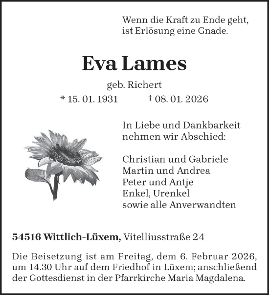 Traueranzeige von Eva Lames von trierischer_volksfreund