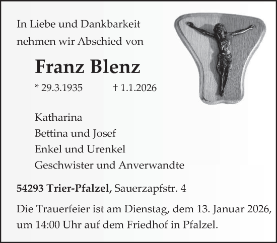 Traueranzeige von Franz Blenz von trierischer_volksfreund