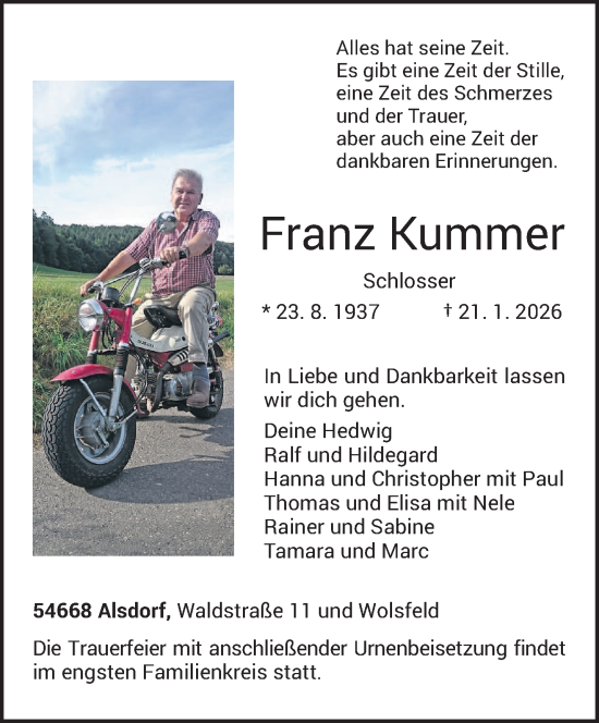 Traueranzeige von Franz Kummer von trierischer_volksfreund