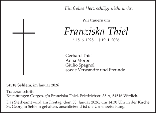 Traueranzeige von Franziska Thiel von trierischer_volksfreund