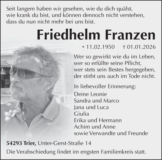 Traueranzeige von Friedhelm Franzen von trierischer_volksfreund