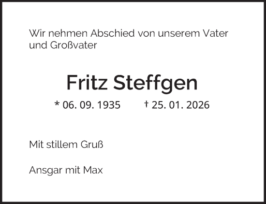 Traueranzeige von Fritz Steffgen von trierischer_volksfreund