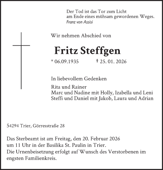 Traueranzeige von Fritz Steffgen von trierischer_volksfreund