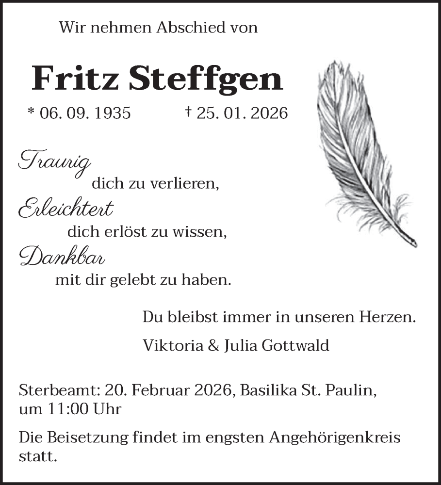  Traueranzeige für Fritz Steffgen vom 31.01.2026 aus trierischer_volksfreund