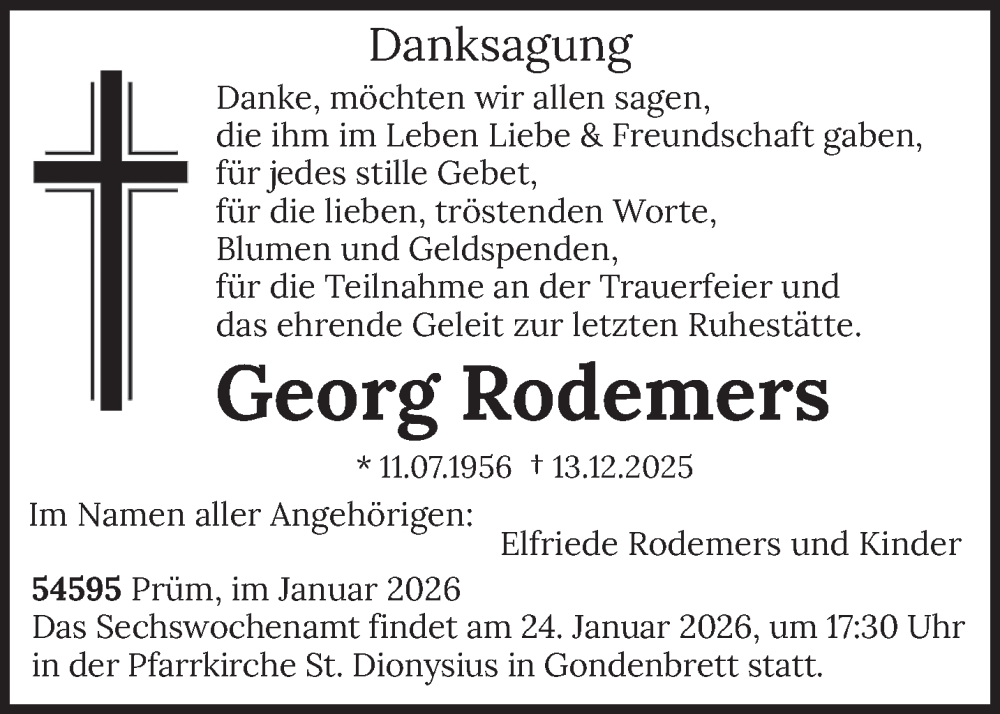  Traueranzeige für Georg Rodemers vom 16.01.2026 aus trierischer_volksfreund
