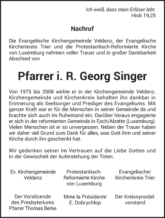 Traueranzeige von Georg Singer von trierischer_volksfreund