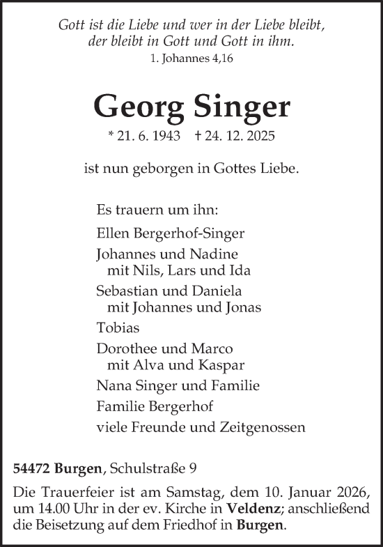 Traueranzeige von Georg Singer von trierischer_volksfreund