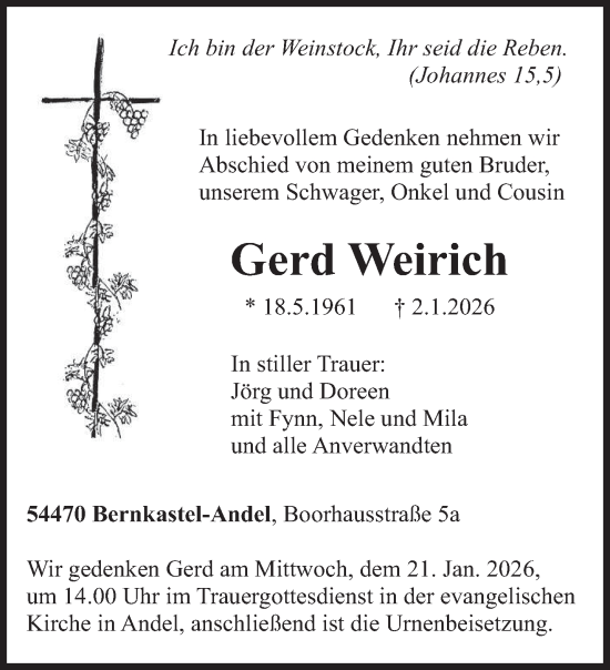 Traueranzeige von Gerd Weirich von trierischer_volksfreund
