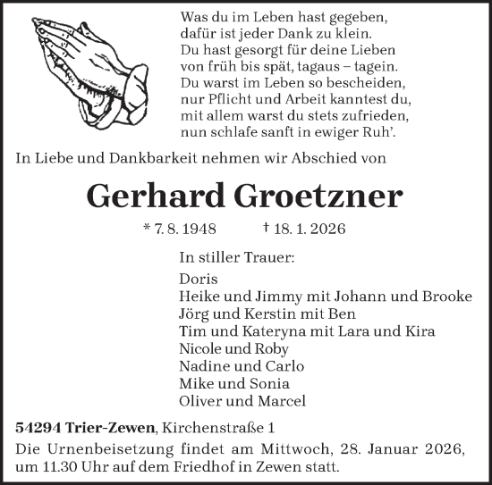 Traueranzeige von Gerhard Groetzner von trierischer_volksfreund