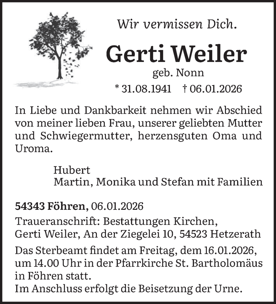  Traueranzeige für Gerti Weiler vom 10.01.2026 aus trierischer_volksfreund