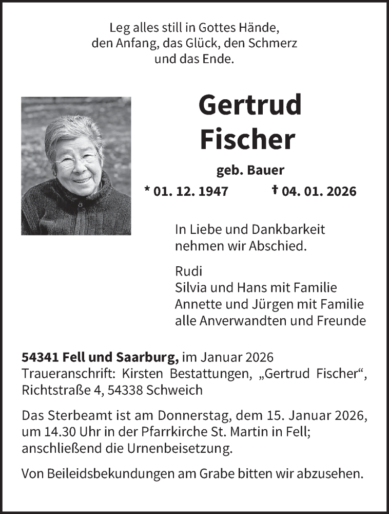  Traueranzeige für Gertrud Fischer vom 10.01.2026 aus trierischer_volksfreund
