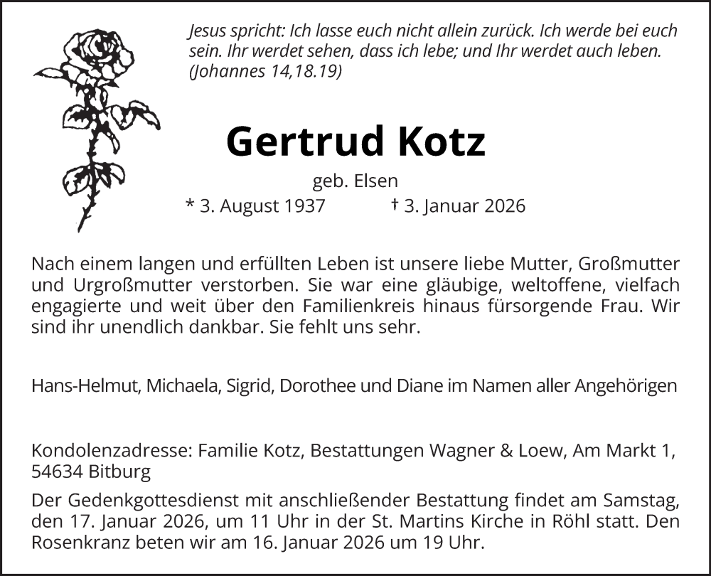  Traueranzeige für Gertrud Kotz vom 10.01.2026 aus trierischer_volksfreund