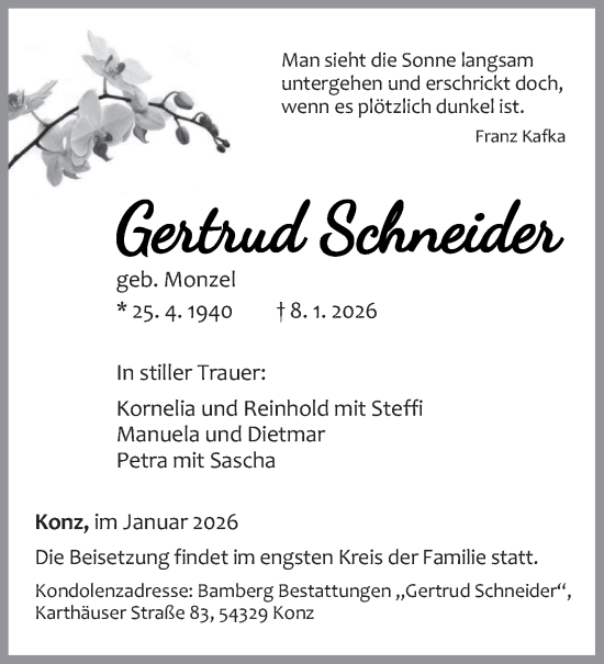 Traueranzeige von Gertrud Schneider von trierischer_volksfreund
