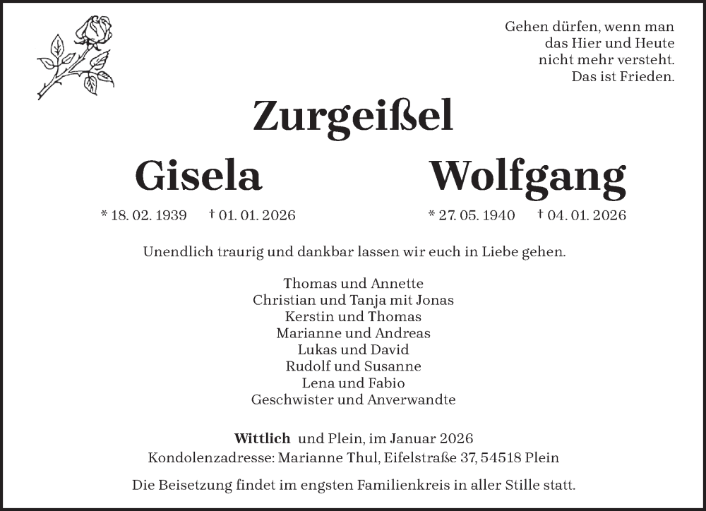  Traueranzeige für Gisela und Wolfgang Zurgeißel vom 10.01.2026 aus trierischer_volksfreund