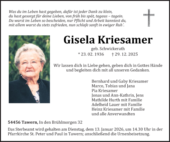 Traueranzeige von Gisela Kriesamer von trierischer_volksfreund