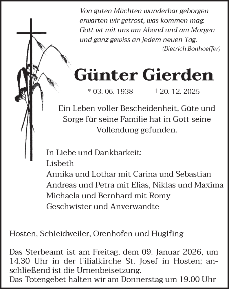  Traueranzeige für Günter Gierden vom 03.01.2026 aus trierischer_volksfreund