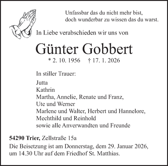 Traueranzeige von Günter Gobbert von trierischer_volksfreund