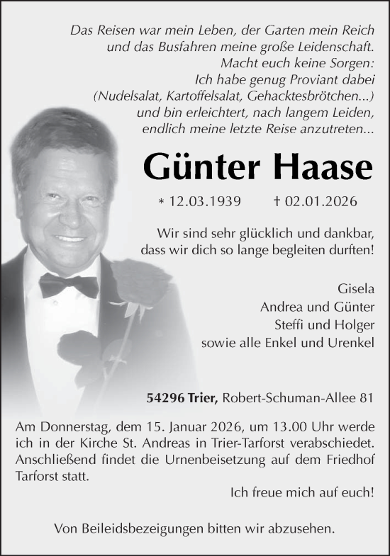 Traueranzeige von Günter Haase von trierischer_volksfreund