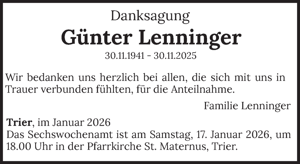  Traueranzeige für Günter Lenninger vom 14.01.2026 aus trierischer_volksfreund