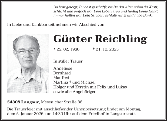 Traueranzeige von Günter Reichling von trierischer_volksfreund