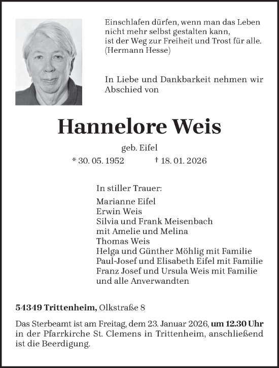 Traueranzeige von Hannelore Weis von trierischer_volksfreund