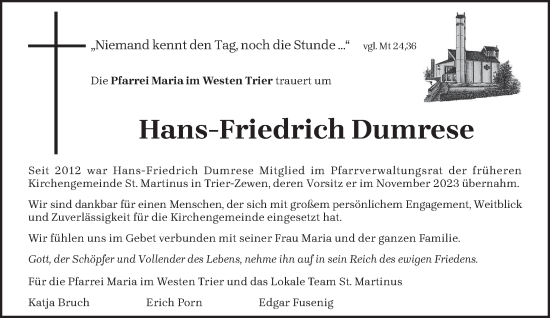 Traueranzeige von Hans-Friedrich Dumrese von trierischer_volksfreund