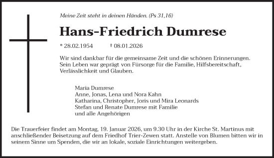 Traueranzeige von Hans-Friedrich Dumrese von trierischer_volksfreund