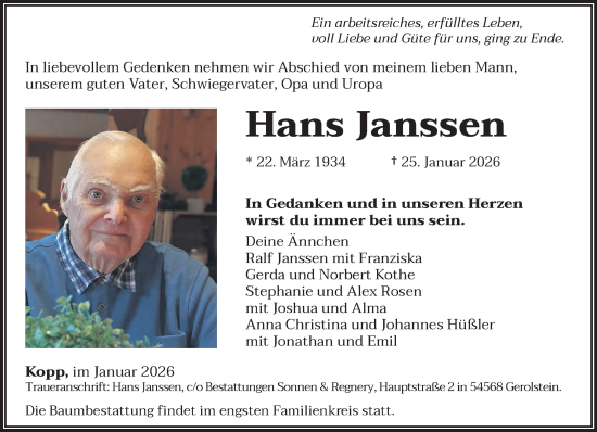 Traueranzeige von Hans Janssen von trierischer_volksfreund