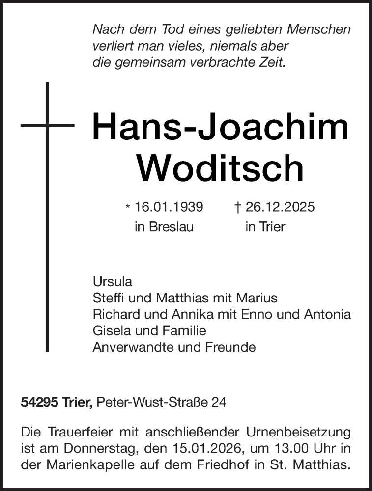  Traueranzeige für Hans-Joachim Woditsch vom 10.01.2026 aus trierischer_volksfreund
