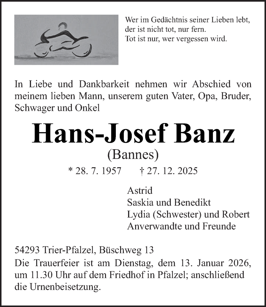  Traueranzeige für Hans-Josef Banz vom 10.01.2026 aus trierischer_volksfreund